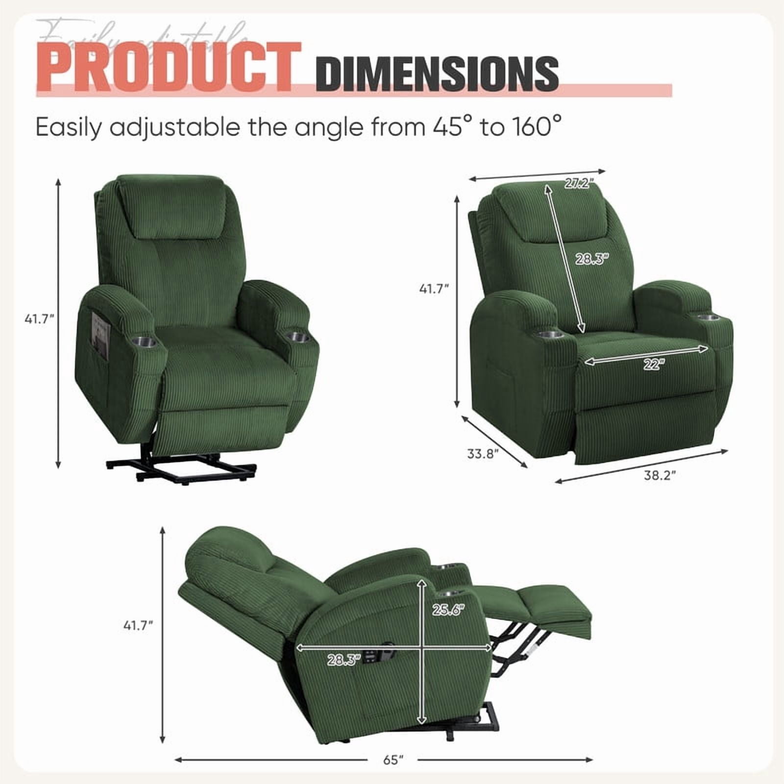Homall Power Lift Massage Recliner Chair with Eight Vibrating Massages Ergonomic Chair with Side Pocket and Soft Corduroy for Living Room,Green
