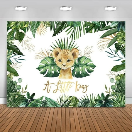 Image of Safari Baby Lion Backdrop A Little King Baby Shower Background Palm Leaves Jungle Boy Baby Shower Party Cake Table Decoration Banner Photo Booth Props (10x7ft)
