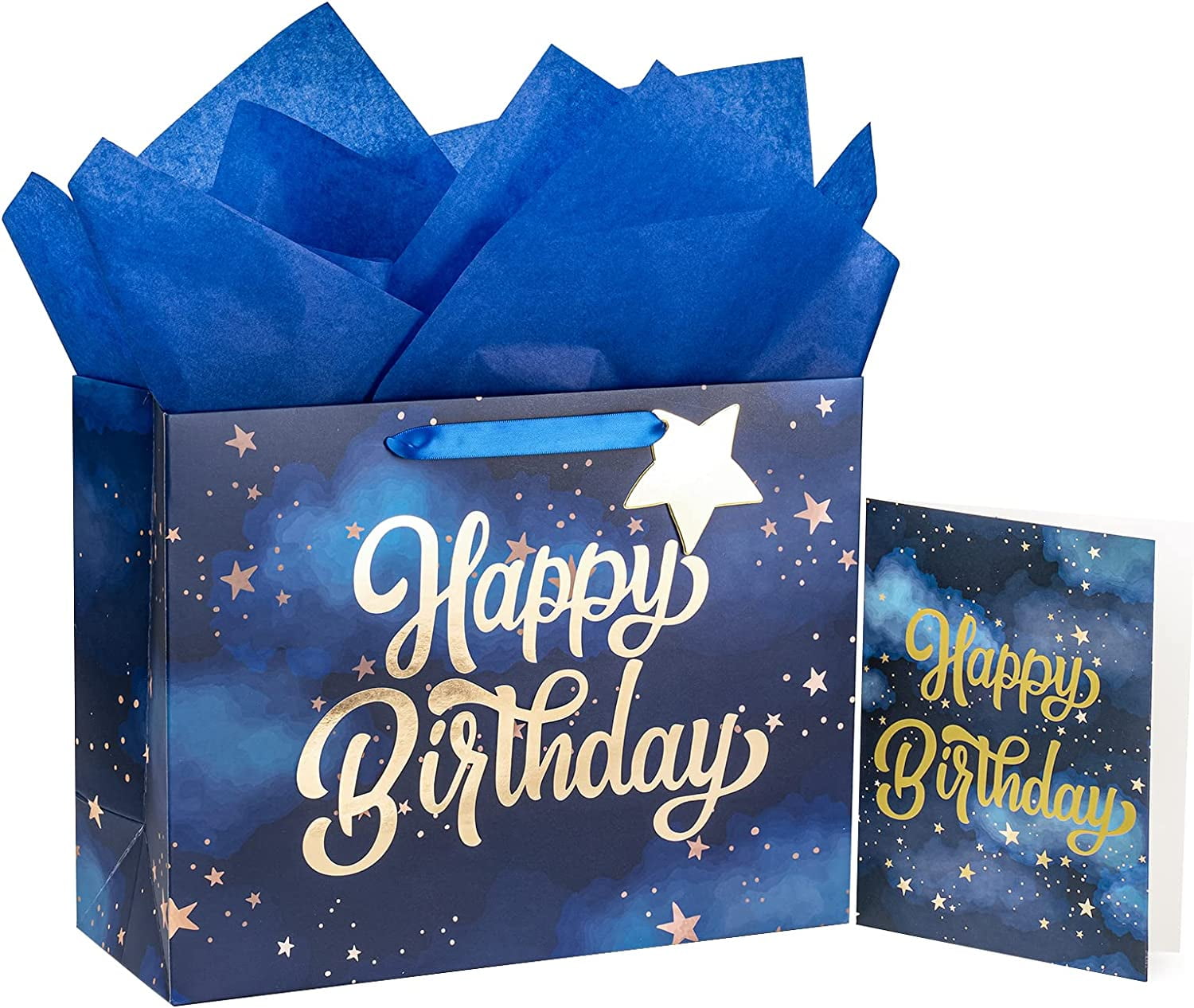 WRAPAHOLIC 13" Large Gift Bag with Card and Tissue Paper Navy Star