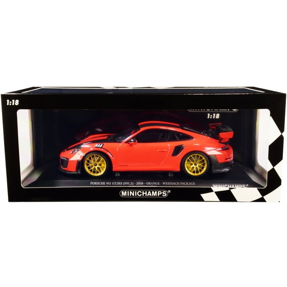 2018 Porsche 911 GT2RS Weissach Package Orange w/Carbon Stripes & Golden Wheels Ltd Ed 1/18 Diecast Model Car by Minichamps