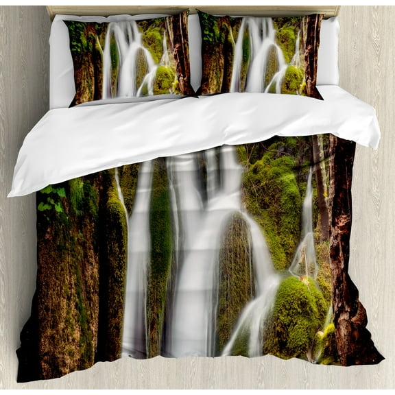 Waterfall Duvet Cover Set, Epic Waterfall down the Cliffs Deep in Forest Natural Wonders Cascade Picture, Decorative 3 Piece Bedding Set with 2 Pillow Shams, Calking Size, White Green, by Ambesonne