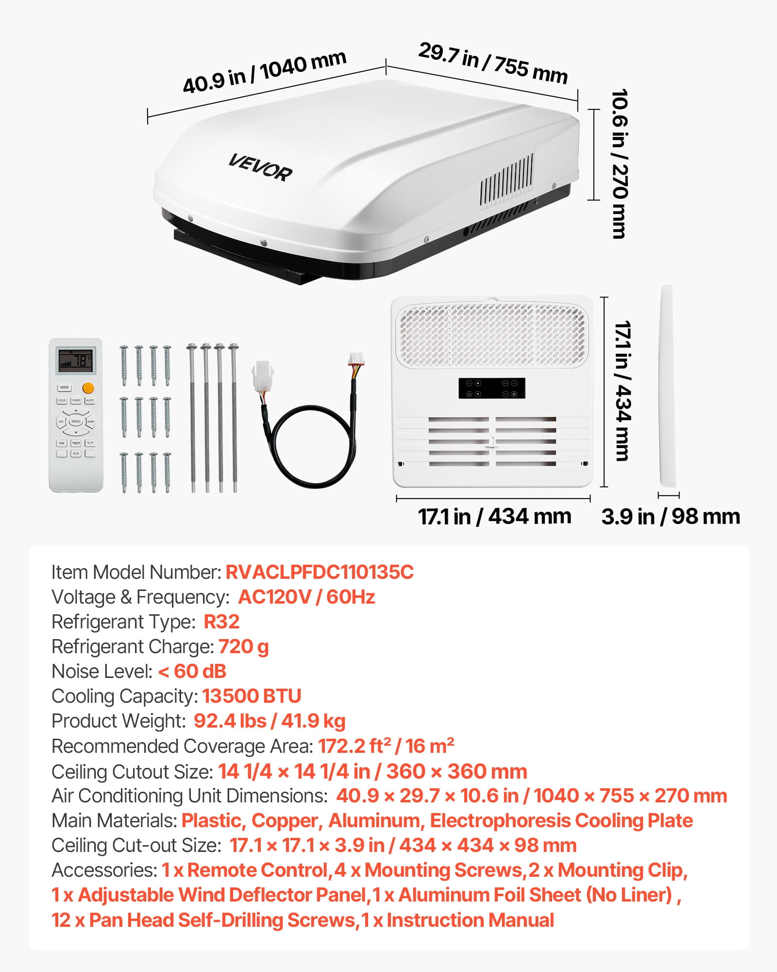 VEVOR RV Air Conditioner, 13500 BTU RV AC Unit, 120V Ducted Rooftop Air Conditioner with Variable Speed Compressor, Easy Install Quiet Cooling AC Unit with ADB Button Control and Remote Control,White