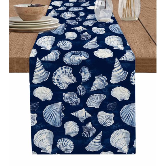 Hokiten Table Runners 48 Inches Long Dress Scarves, Navy Blue Coastal Farmhouse Kitchen/Dining Table Runner, Short Coffee Tablerunners, Shell Conch Summer Beach Nautical 13x48 Inch