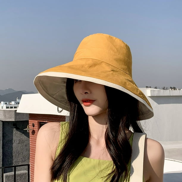 Wei Women's Sun Hat Cotton Bucket Hat Fashion Summer Beach Wide Brim Hat Travel Packable Reversible Double-Side-Wear Cap(Yellow)