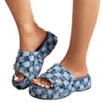 thumbnail image 1 of Women's Denim Cloth Checkered Pattern Platform Slides Vintage Thread Edge Open Toe Slip On Comfortable Non Slip Boho Sandals Blue Size 6, 1 of 9