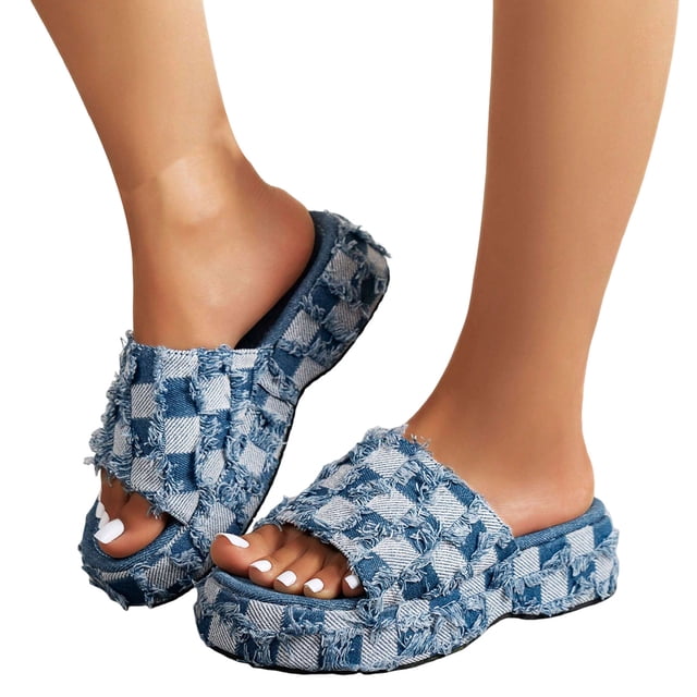 Women's Denim Cloth Checkered Pattern Platform Slides Vintage Thread Edge Open Toe Slip On Comfortable Non Slip Boho Sandals Blue Size 6