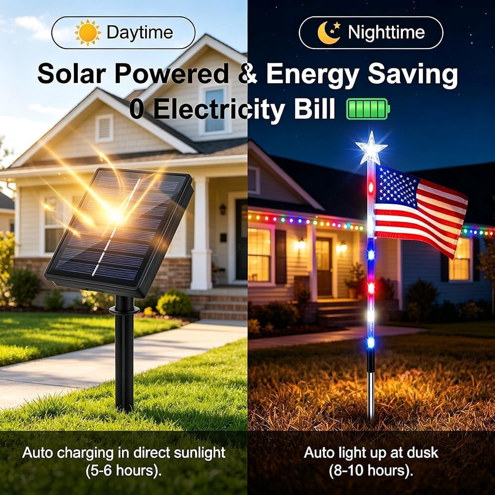 8 Pack Solar American Flag Pathway Lights - 250th Anniversary Patriotic Red White Blue Outdoor Stakes, 8 Modes Waterproof LED Garden Lights for 4th of July, Memorial Day & Independence Day Decor