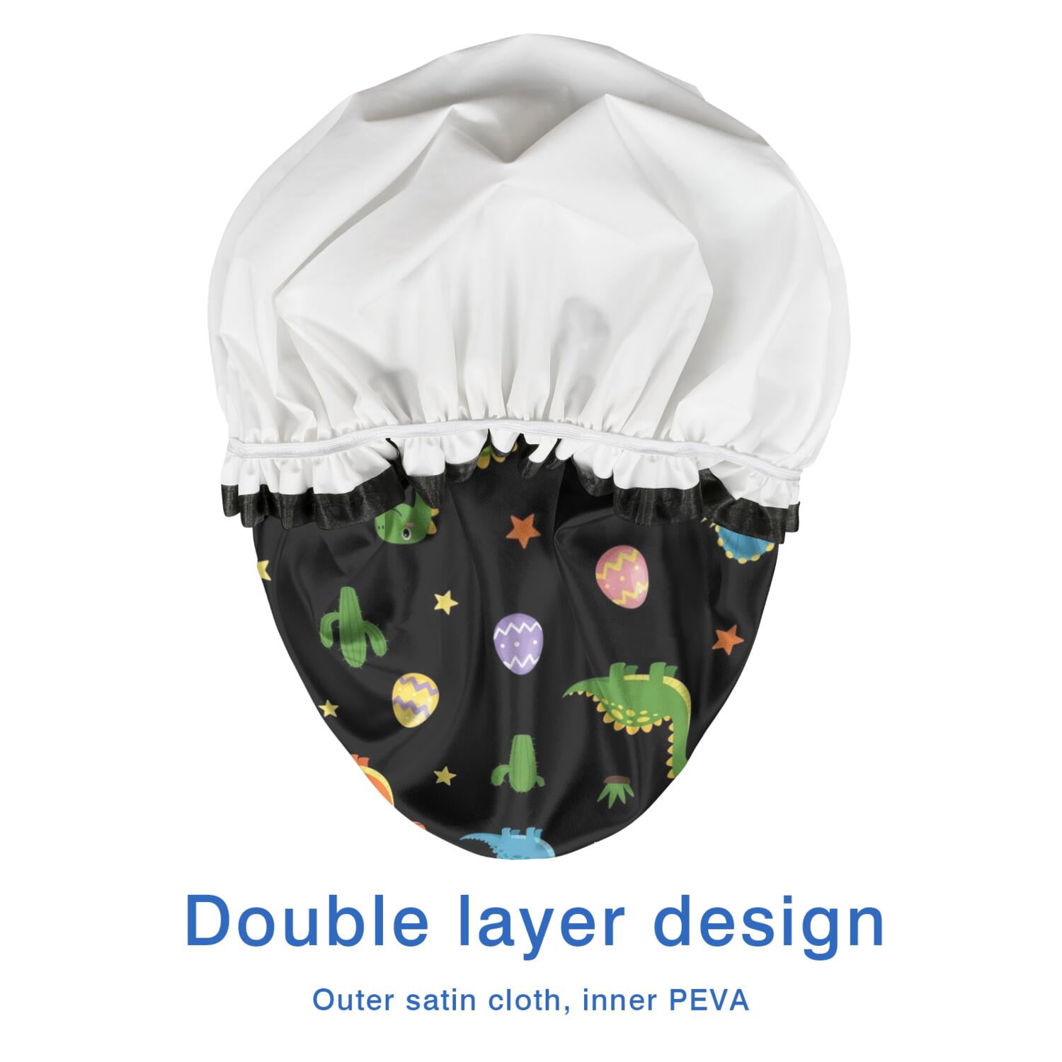 Shower Caps,Black Dinosaurs Eggs Cacti Pattern Waterproof Shower Cap for Women 4 Pieces,Double Reusable Hair Cover for Shower PEVA Elastic Stretch Hem
