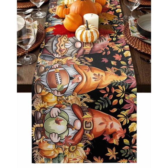 Fall Table Runner Thanksgiving Maple Leaves Gnomes Table Runners Pumpkin Pancake Football Black Cotton Linen Dresser Scarf Kitchen Dining Table Decor for Fall Holiday Party Decor 13x72 Inch