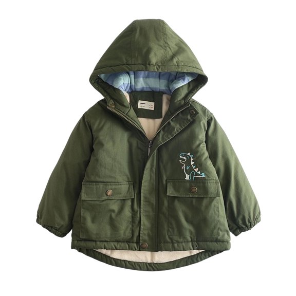 Fesfesfes Boys Winter Hooded Jacket with Pockets Thickened Fleece Lined Coat for Cold Weather Warm Outerwear for Kids Cozy Casual Fall and Winter Jacket(Army Green,10 Years)