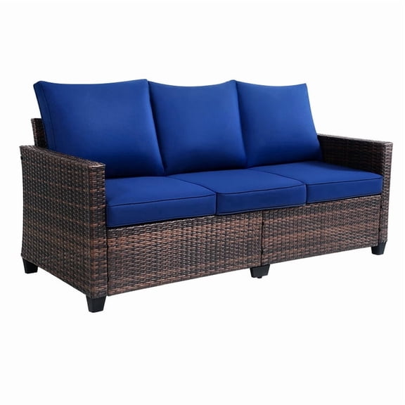 Outdoor Sofa, 3-Seat PE Rattan Couch, Blue
