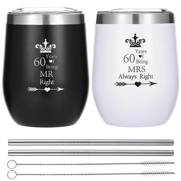 HLIKEM Pack of 2 Wine Tumbler 60 Years Mr Right Mrs Always Right 60th Wedding Anniversary for Couple Parents Stainless Steel Wine Glass with Straws and Brush