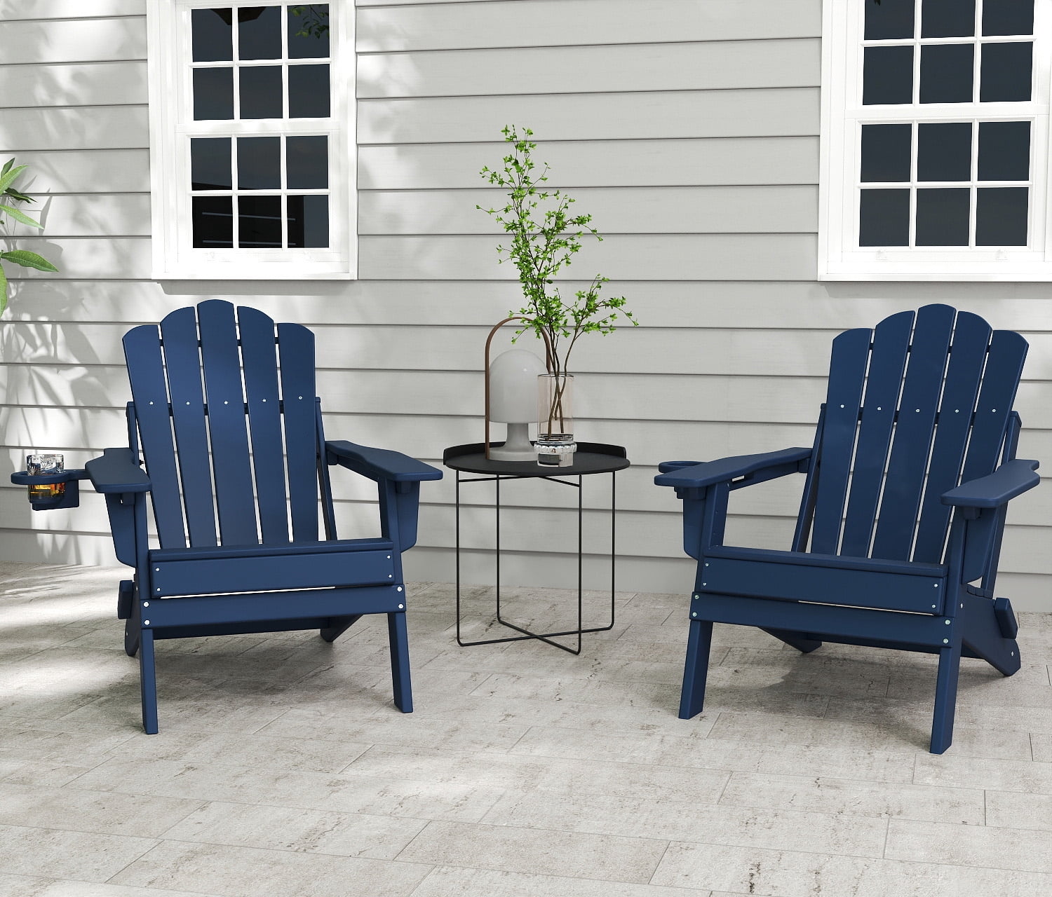 FOOWIN Adjustable Backrest Folding Adirondack Chair with Cup Holder, HDPE Weather Resistant Fire Pit Chair, Navy Blue