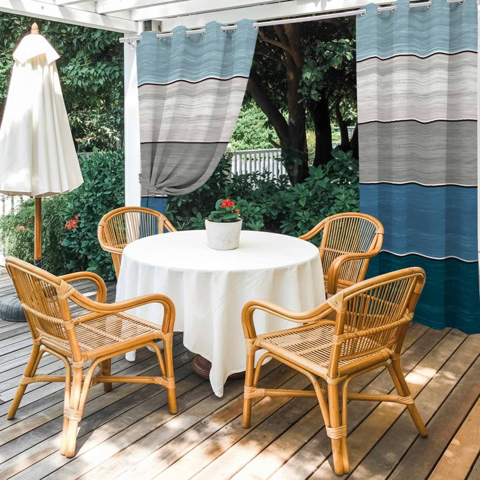Outdoor Curtains for Patio Waterproof, Blue Ombre Wooden Windproof Pravicy Outside Porch Blackout Curtain, Farmhouse Retro Wood Gradient Sun Blocking Grommets Curtains for Cabana Gazebo 54"x108"