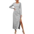thumbnail image 2 of Robe Classique, Sexy Femmes Robe de Couleur Unie O Cou Manches Longues Boutons Fendus Casual Slim Longue Robe, 2 of 8