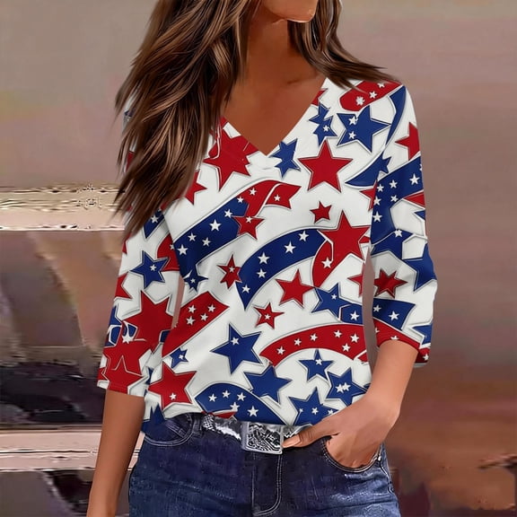 IYYVV Womens 3/4 Sleeve V-Neck T-Shirts 4th of July Shirts American Flag Star Graphic Tee Tops Blue 2XL
