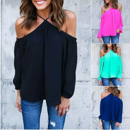 Women Halter Off-shoulder Long Sleeve Sexy Top Blouse T-shirt Summer Shirt Tops