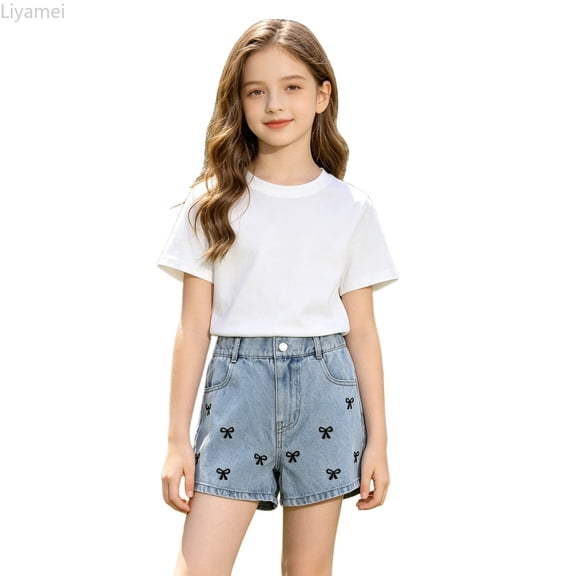 Liyamei Girls Bow Detail Denim Shorts with Button for Summer Fashion Size 6-12,Blue