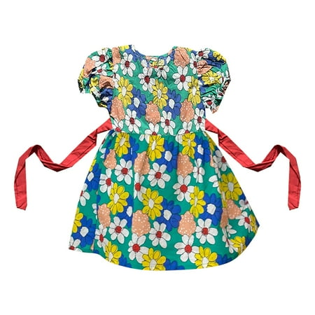 

Rovga Casual Dresses For Girls Flower Print Dress Puff Sleeve Dress Heart Hollowed Out On The Back Party Birthday Girl Dress