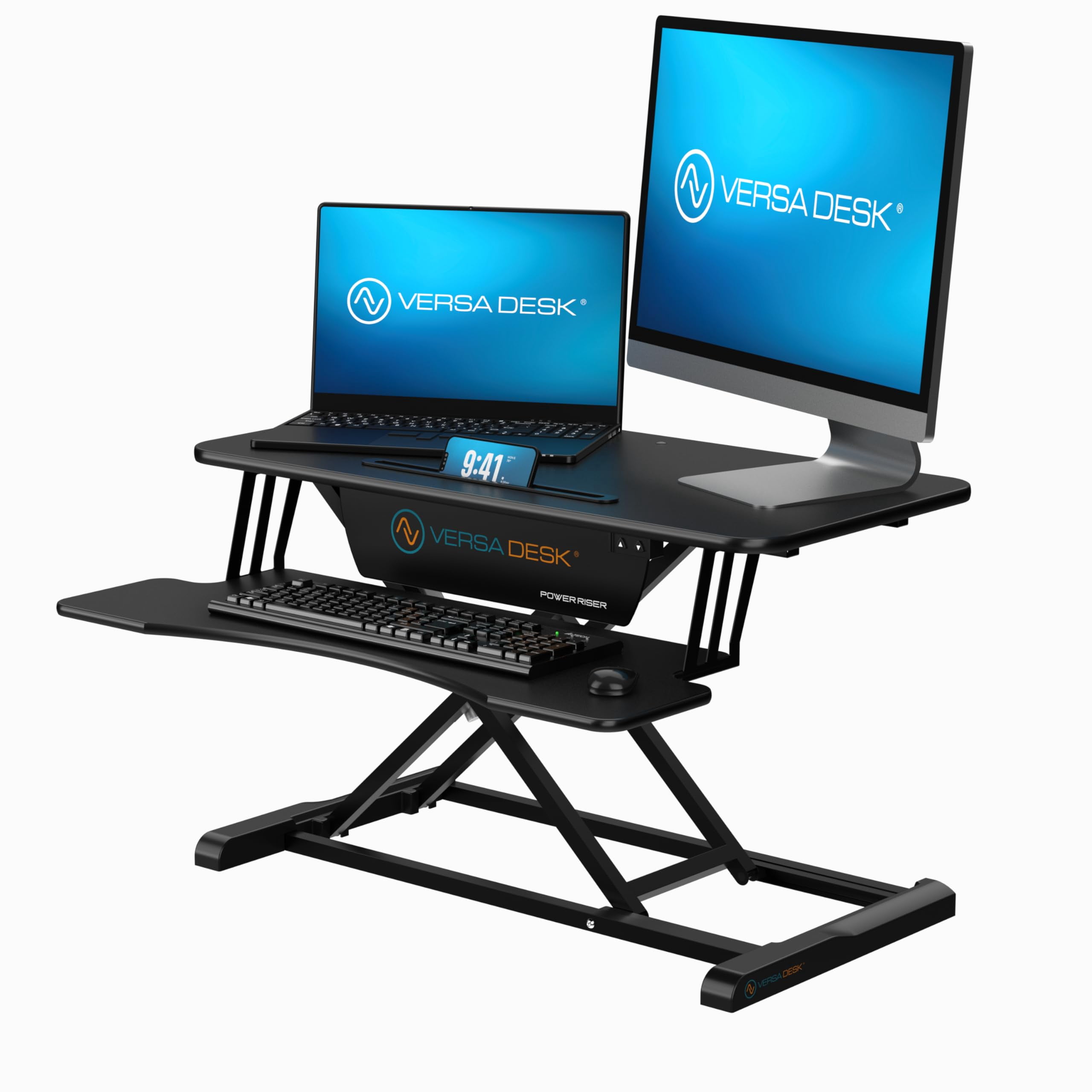 VersaDesk PowerRiser Electric Height Adjustable Standing Desk Riser, MDF & Steel, Keyboard Tray, Sit-to-Stand, Dual Monitor Support, | Black, ( 32 )