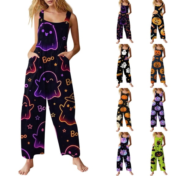 Evdexr Women's Halloween Jumpsuits 2026 Witch Hat Spider Graphic Rompers Sleeveless Square Neck Wide Leg Overalls Casusl Lightweight Costumes with Pockets 5XL
