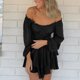 thumbnail image 4 of Vestido mini con volantes y pantalones cortos, hombros descubiertos, mangas largas abullonadas, cintura plisada, vestido princesa, lindo vestido francés, 4 of 5