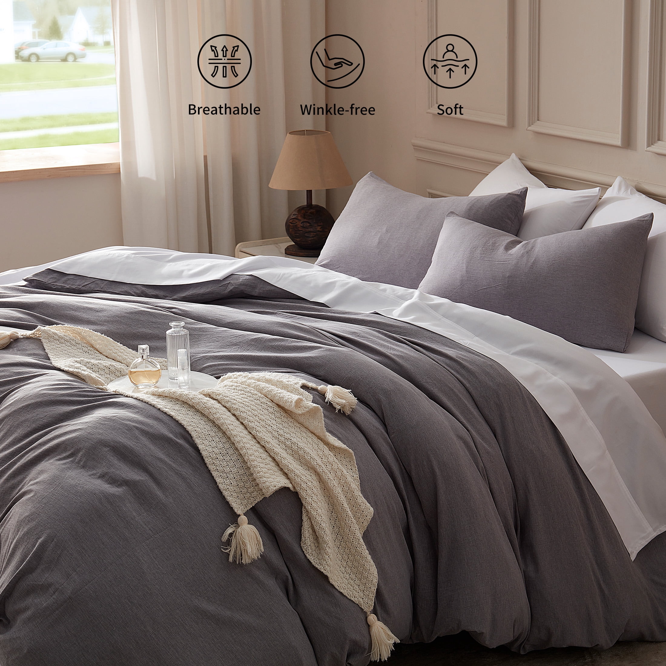Sonive Washed Duvet Cover Set Twin/Twin-XL, Linen-Like 2 Pieces Soft Breathable Bedding set, Dark Grey