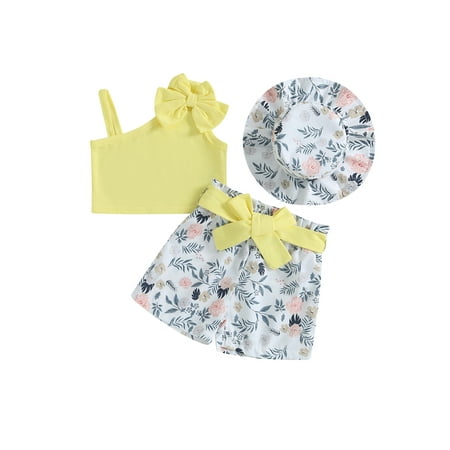 

GXFC Toddler Girls Shorts Outfits Kids Girls Sleeveless One Shoulder Vest Crop Tops and Floral Shorts and Hat Children Girls Summer 3 Piece Set 9M-5T