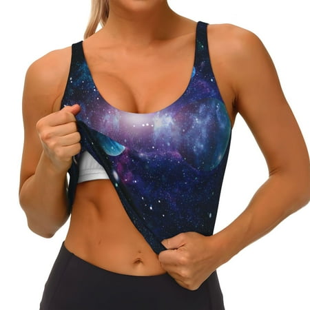 Qokaie Planets Stars And Galaxies1 Pattern Womens Scoop Neck Sports Bra Breathable Workout Vest Padded U Back Medium Impact Fitness Gym Yoga Bra Workout Crop Top