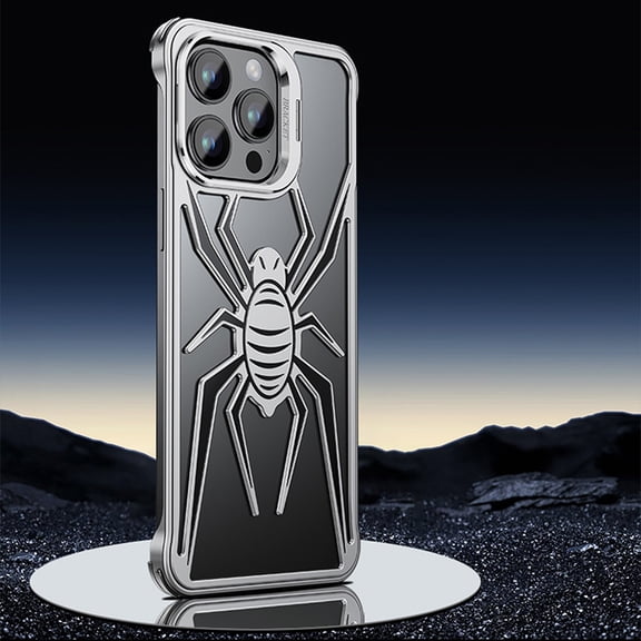 ELEHOLD Frameless Metal Case for iPhone 15 Rugged Shockproof Bumper Case Spider Pattern Hollow Out Camera Lens Kickstand Slim Lightweight Protective Cover for iPhone 15,Silver Black