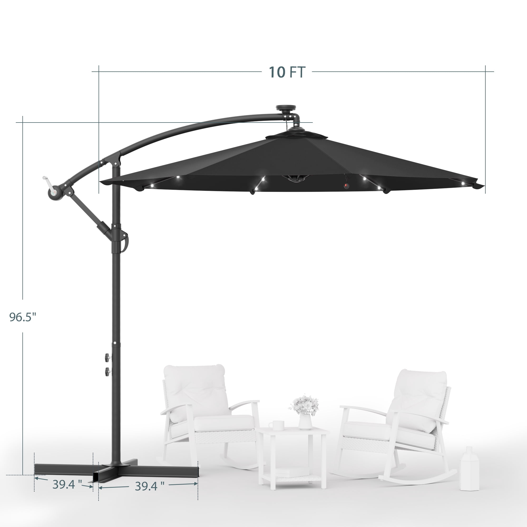 ACEGOSES 10ft 32 LED Outdoor Patio Offset Umbrella, Solar Lighted Hanging Umbrella with 8 Ribs for Desk,Garden,Yard,Black