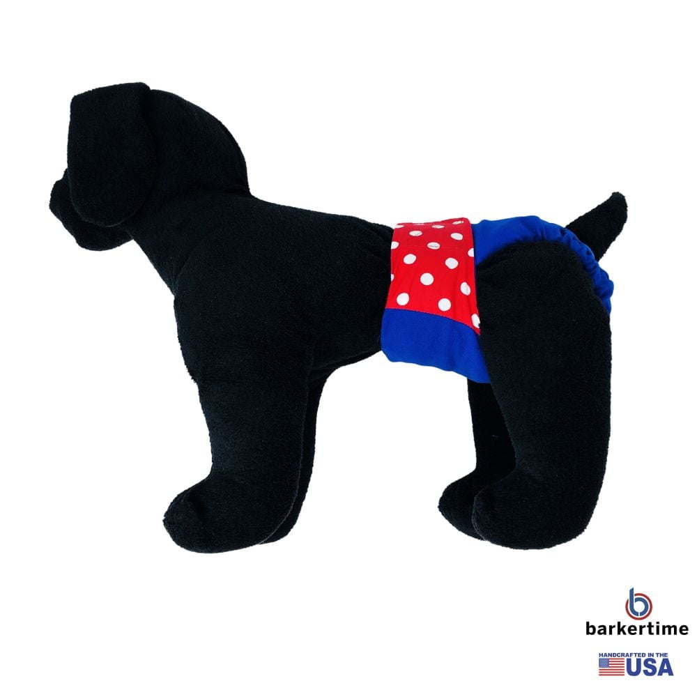 Barkertime Red Polka Dot on Blue Dog Diaper