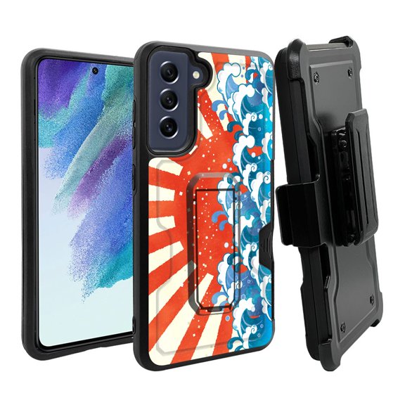 ANJ  Rugged Dual Layer Hybrid Holster Kickstand Case w/ Card Slot   Tempered Glass Cover for Samsung Galaxy S21 FE 5G - Sunrise Tsunami Wave