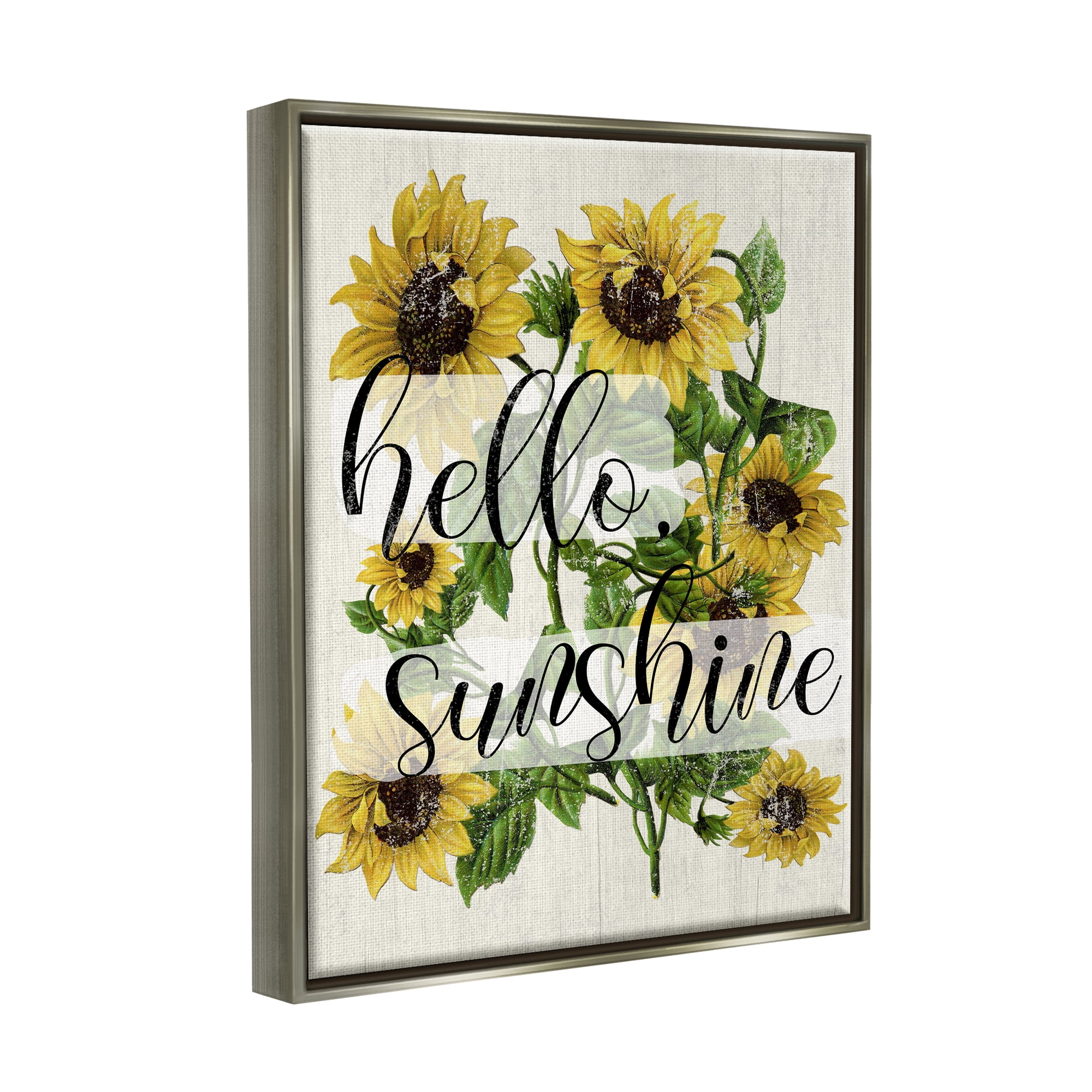 Stupell Industries Vintage Painted Sunflowers with Hello Sunshine Text Luster Gray Framed Floating Canvas Wall Art, 16x20, by Daphne Polselli