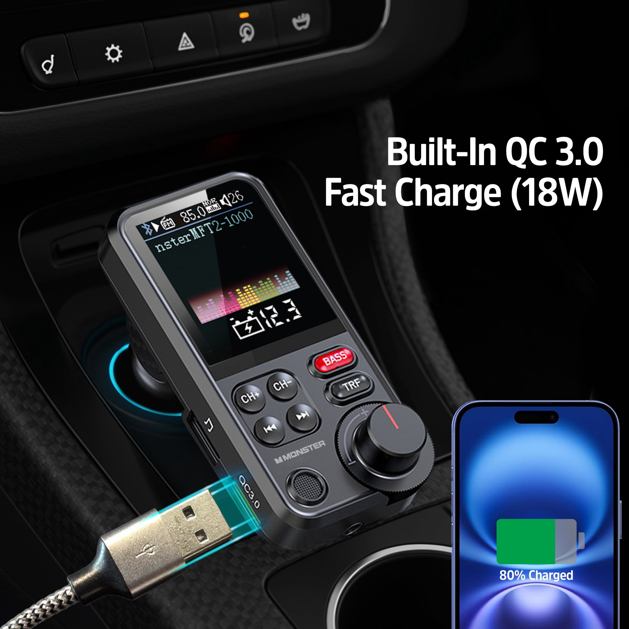 Monster 18W Bluetooth FM Transmitter with QC 3.0 Fast Charging, Hands-Free Calls, Adjustable Equalizer, Large LCD Color Screen, USB/SD/Aux Audio Playback
