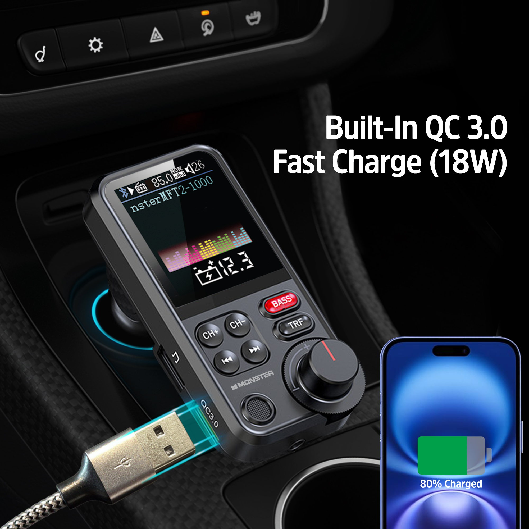Monster 18W Bluetooth FM Transmitter with QC 3.0 Fast Charging photo 5