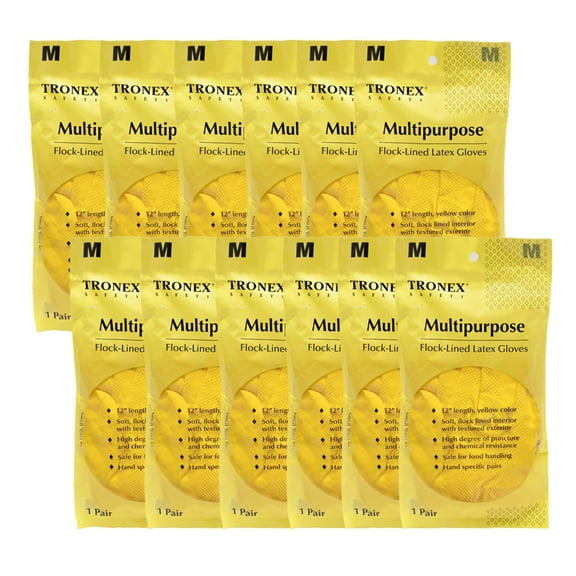 12 Pairs X-Large Tronex 12" Multipurpose Flock-Lined Kitchen Latex Gloves, Raised Diamond Texture, Food Safe, Heavy Duty Cleaning Gloves