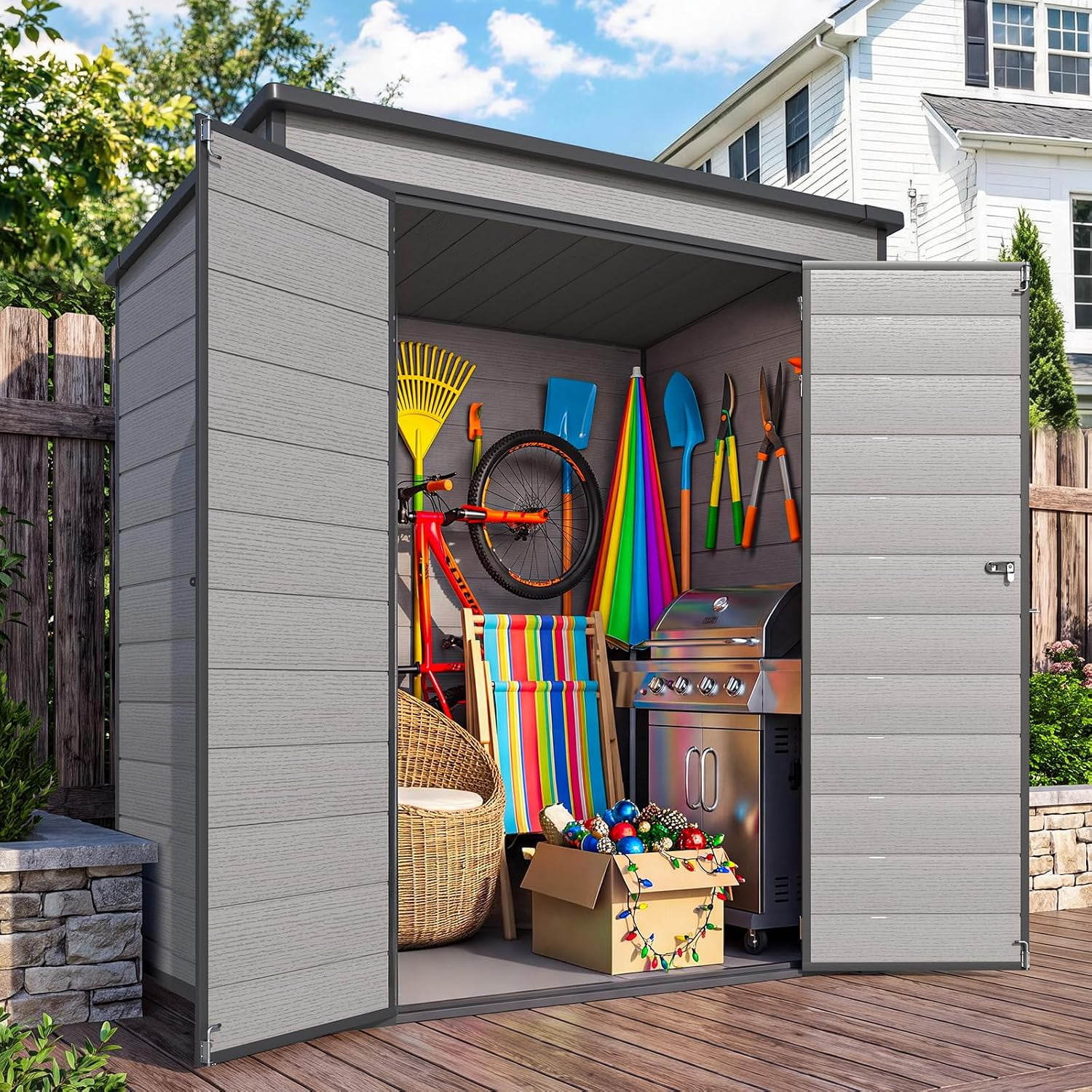 YODOLLA 4 x 6 ft Resin Outdoor Storage Shed with Floor, 106 Cu. Ft., Lockable Double Doors, Dark Gray