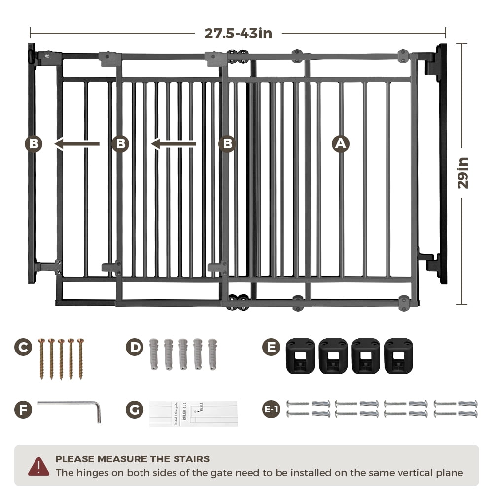 Pet Gate No Bottom Bar, Caveen 27.5-43" Pet Safety Gate for Stairs and Doorways, Black