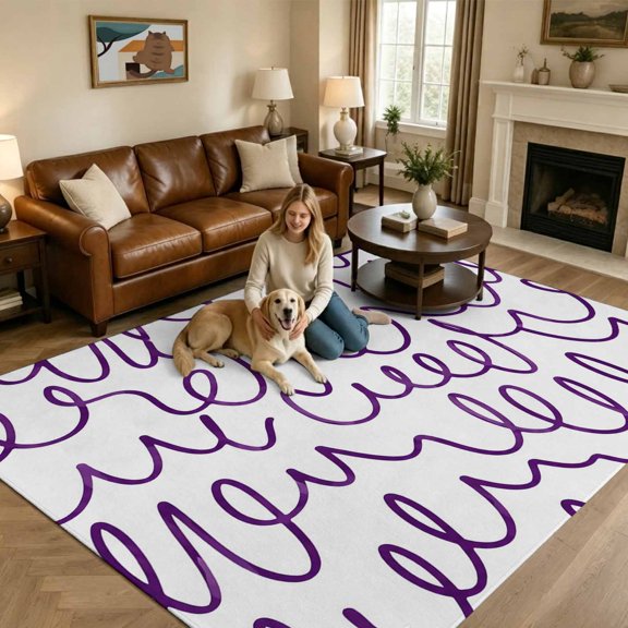 Artistic Scribbles Washable Area Rug 5x8 Abstract Minimalist Purple Continuous Loops Low-Profile Large Area Rugs with Non Slip Backing Indoor Floor Carpet for Entrance Living Room Bedroom Home Office