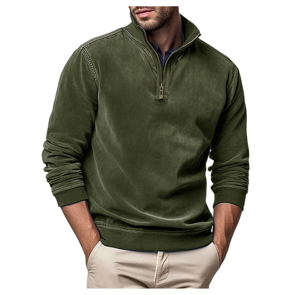 Mens Sweatshirt Suede Fabric Solid Color Hoodless Long Sleeve Pullover Casual Top for Fall