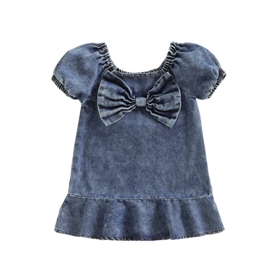 BemeyourBBs Toddler Baby Girl Denim Dress Puff Short Sleeve Front Bow Summer Princess Dress Cute Ruffle Square Neck A-line Party Jean Dress Clothes