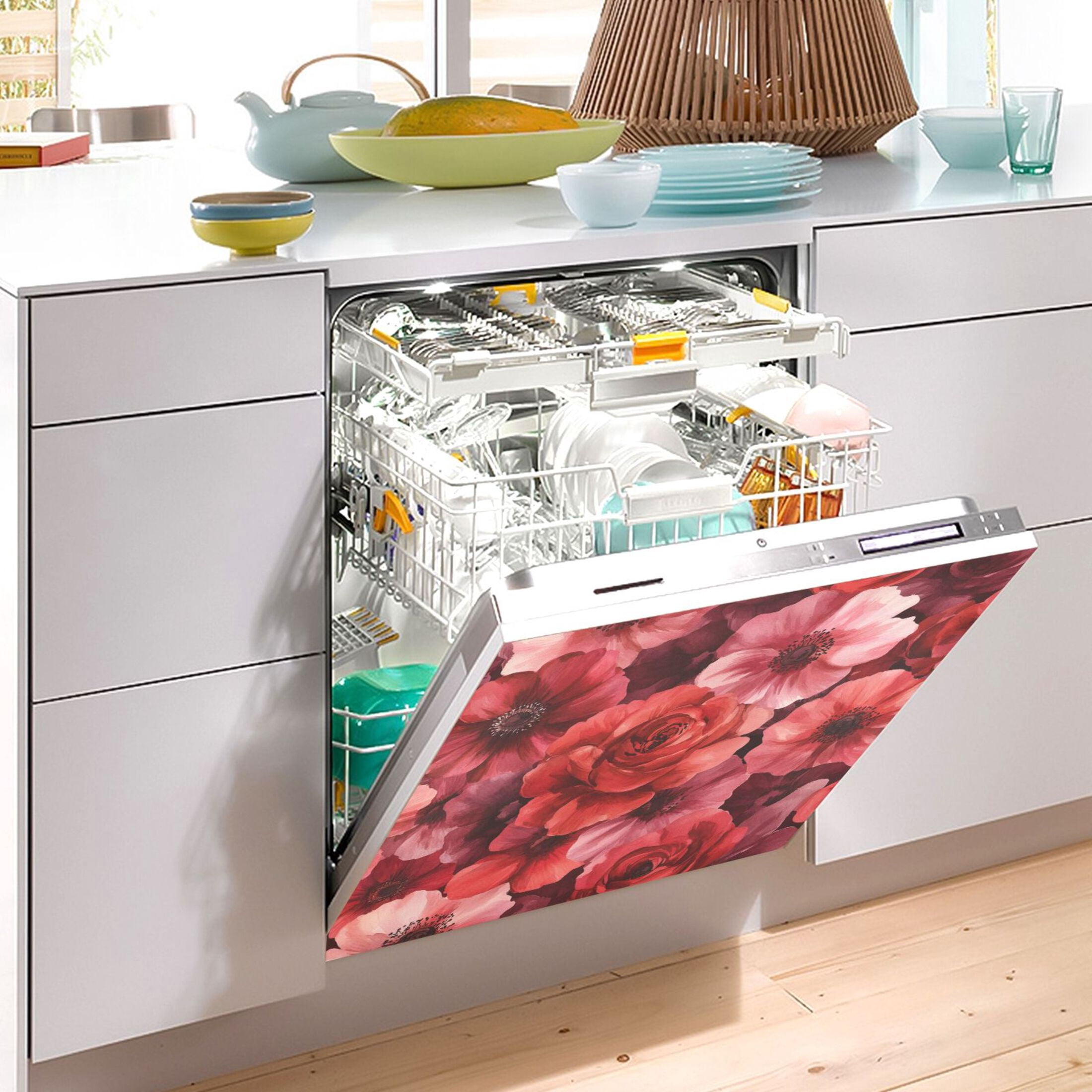 Dishwasher Magnetic Sticker 23x26 Inch Refrigerator Magnetic Sticker Washing Machine Magnetic Sticker Kitchen Panel Magnetic Sticker Home Decor Vibrant Red Flowers