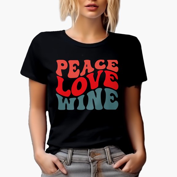 Peace, Love, Wine, Drinking Themed Quote, Groovy Retro Wavy Text Merch Gift, Black T-Shirt, Small