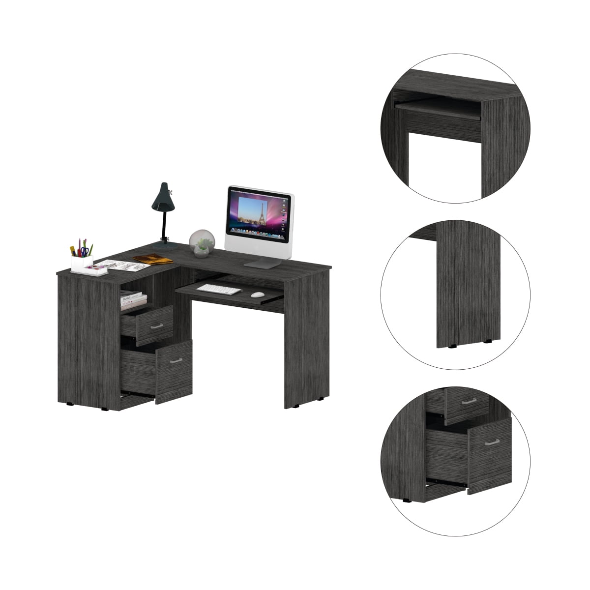 Newboti Mix L-Shaped Desk, Keyboard Tray, Two Drawers, Single Open Shelf -Smokey Oak 081406097919853