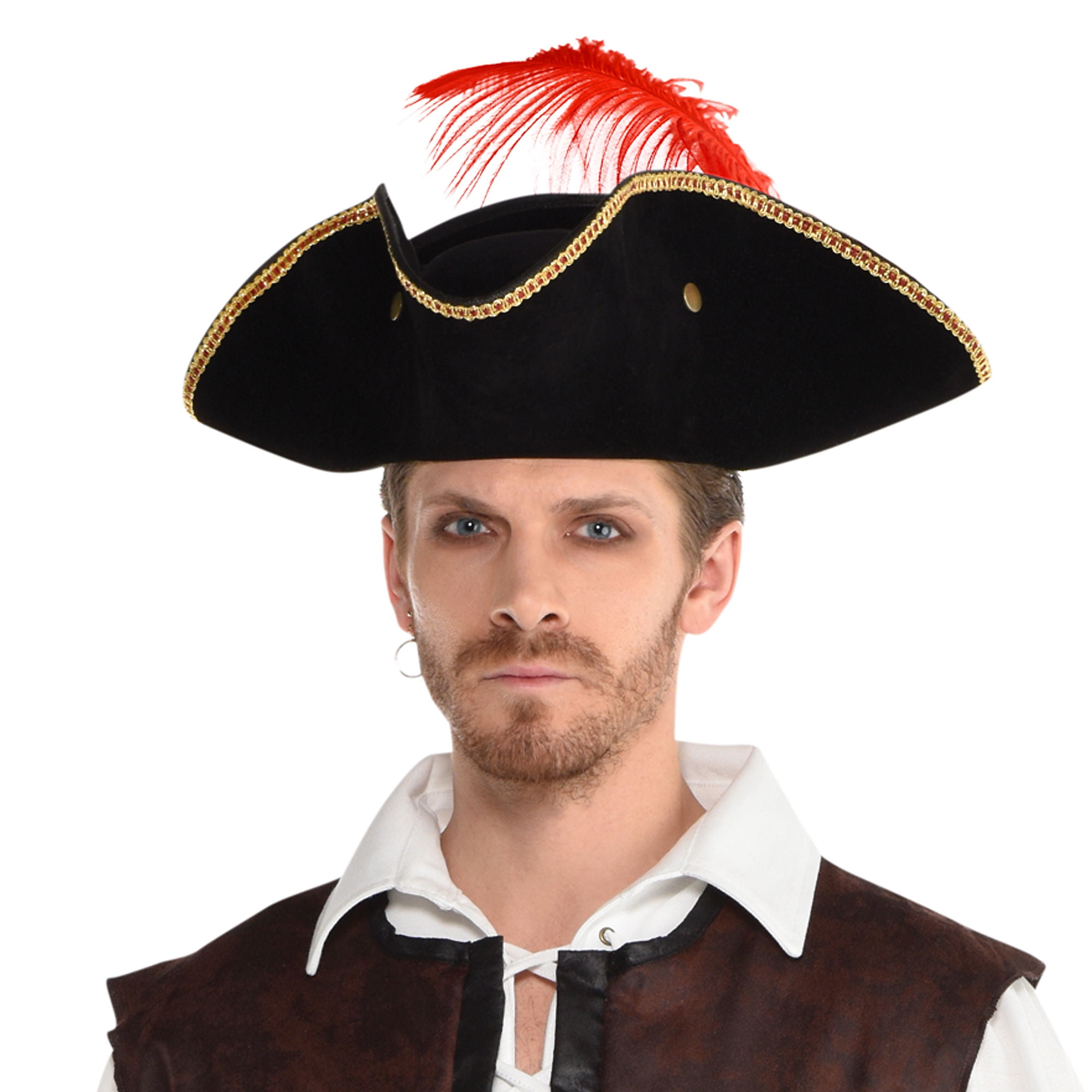 Men's Grey Tricorn Pirate Captain Fancy Dress Hat & Eye Patch Hook Stag Theme Do 