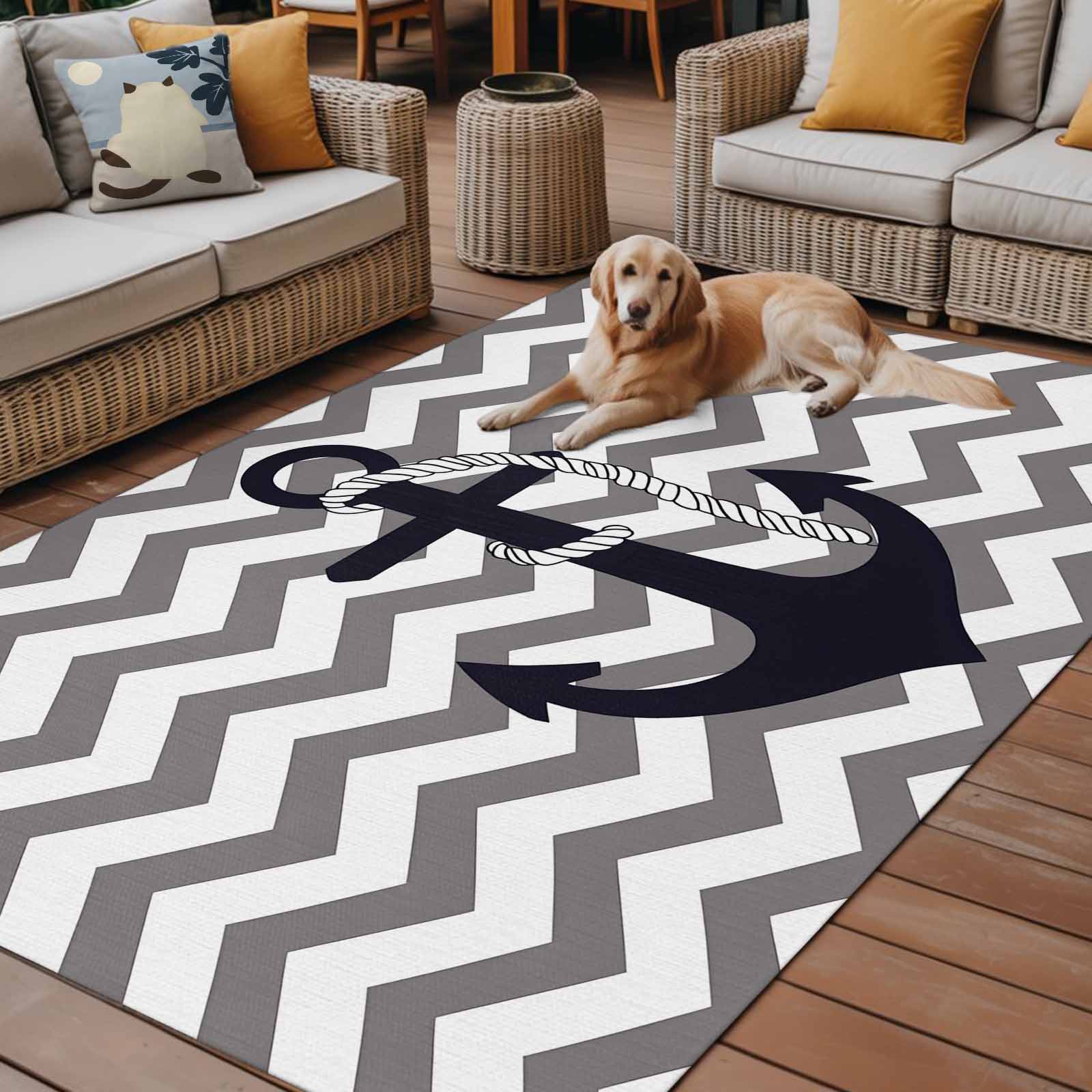 Fsddascl Grey Zigzag Outdoor Rug for Patio/Deck/Porch, Non-Slip Large Area Rug 4 x 6 Ft, Coastal Nautical Anchor Stripes Indoor Outdoor Rugs Washable Area Rugs, Reversible Camping Rug Carpet Runner