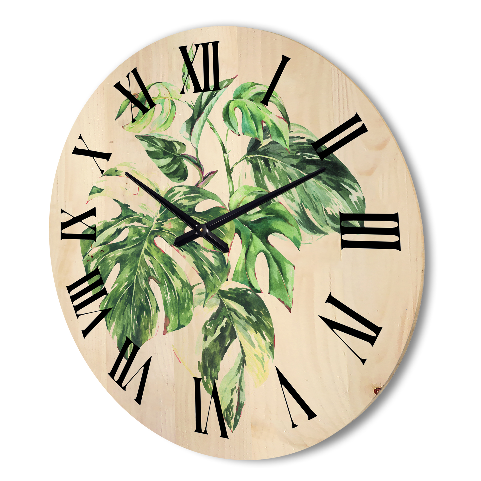 Designart 'Tropical Green Leaves On White In Summer Times I' Tropical Wood Wall Clock