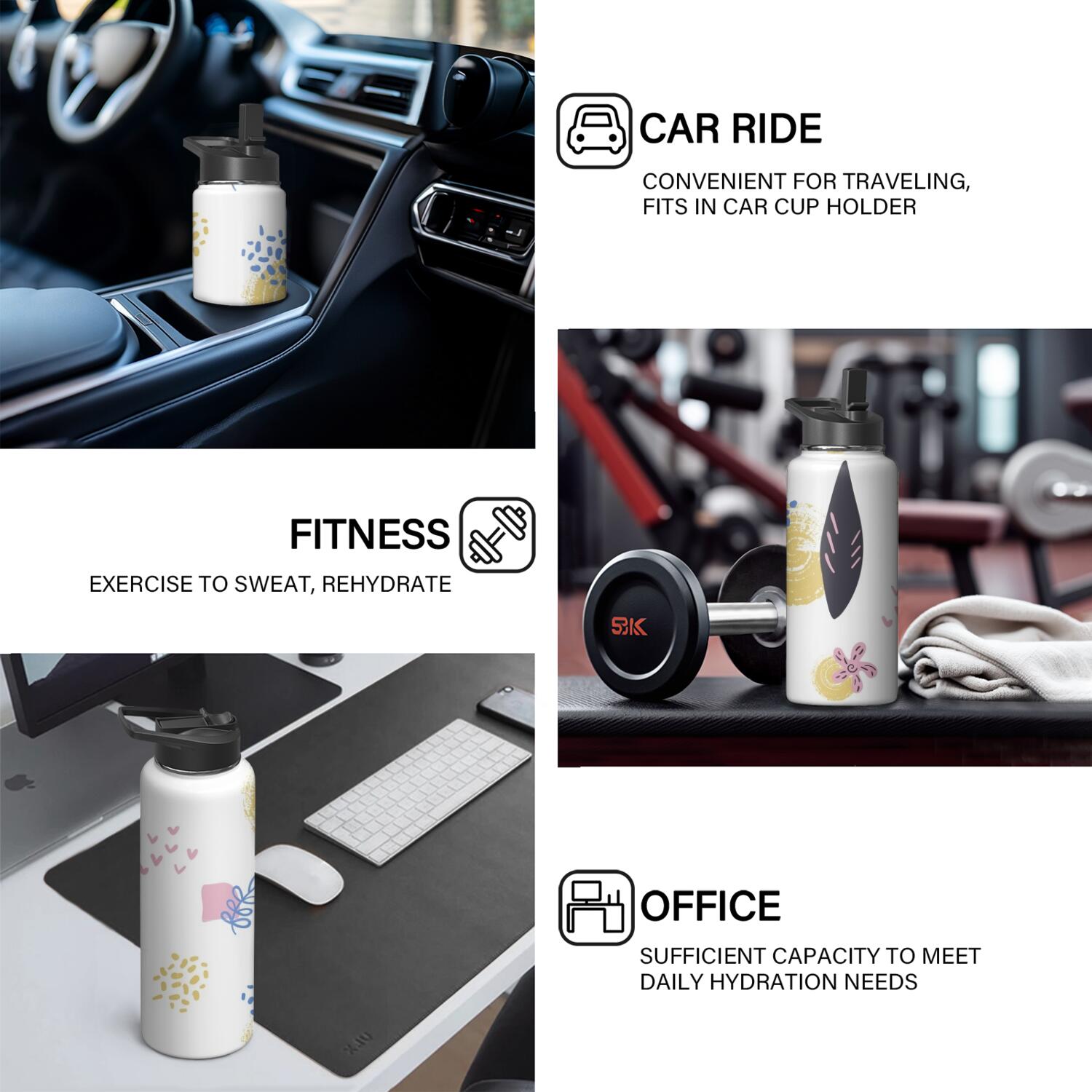 Modern 18 oz Insulated Stainless Steel Water Bottle with Straw & Cleaning Brush , Leakproof, BPA-Free, 304 Stainless Steel, Wide Mouth, Travel Mug for Car, Gym, Office