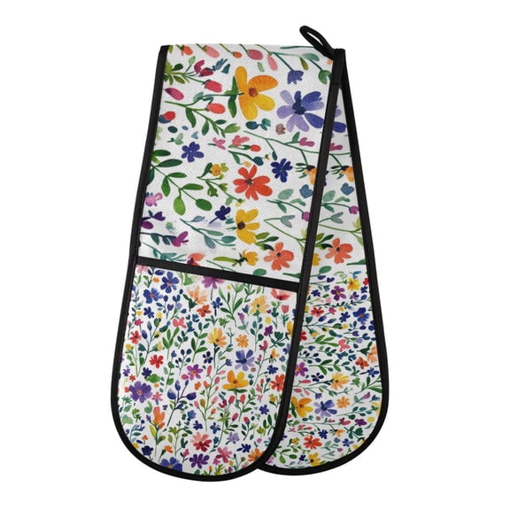 Yayeee Double Oven Mitt Kitchen Heat Resistant Baking 35" x7" Quilted Glove, Green Wildflower Pattern